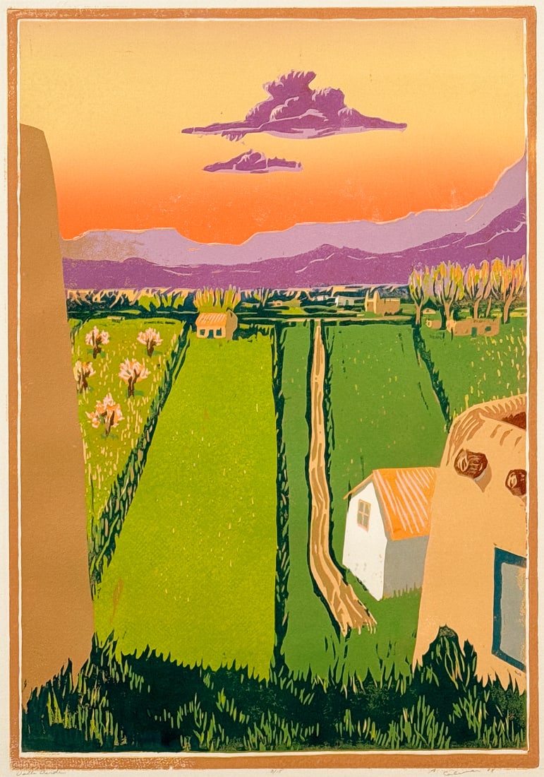 Angie Coleman, Am., New Mexico, 20th Century: Angie Coleman, American, New Mexico, 20th Century, Valle Verde, 1988, Woodblock Print On Paper, Pencil Signed, Titled, Dated 88 And Edition Number 3/15, Lower Margin, Sight 32.5 X 23 Inches, Matted An