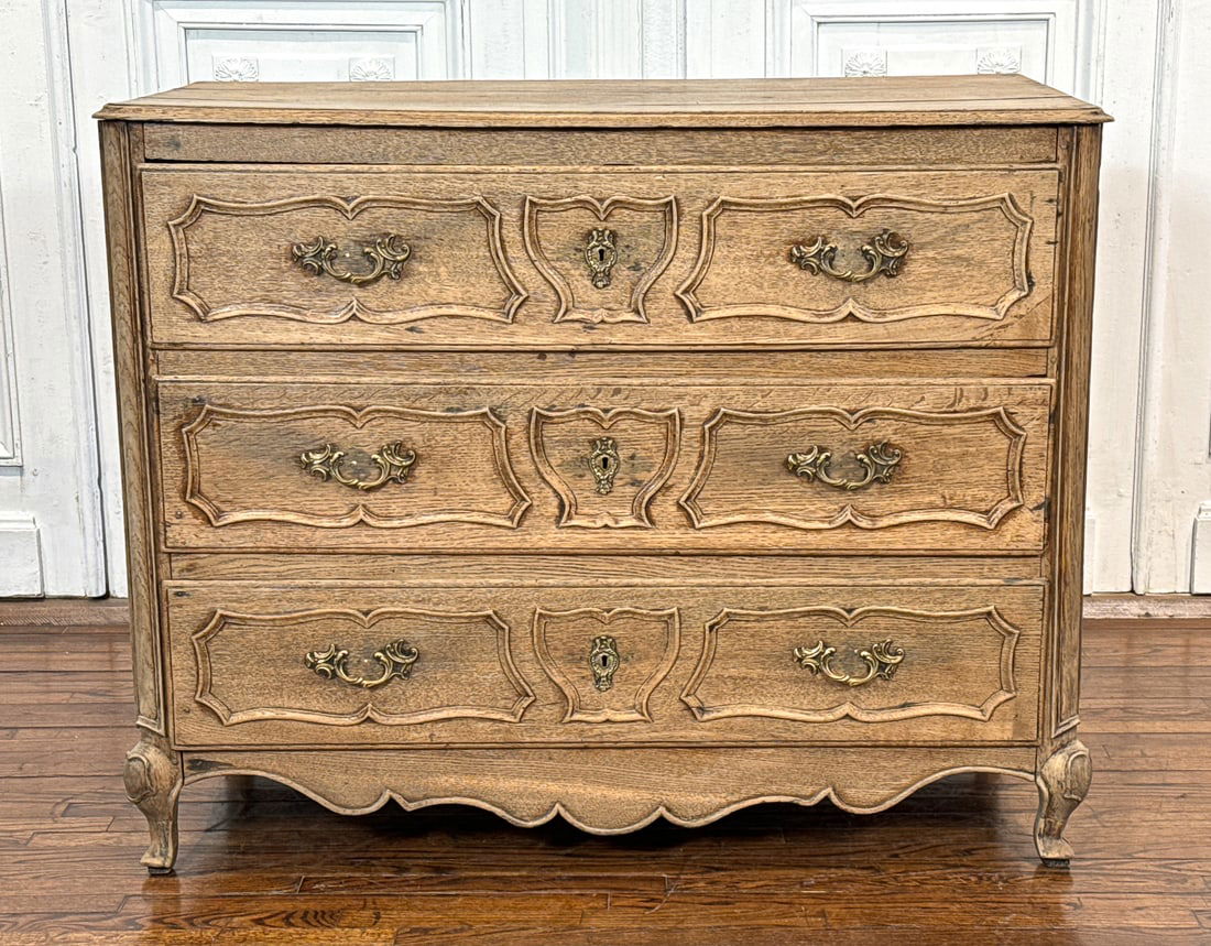 Louis XVI Style Oak Commode: Louis XVI Style Oak Commode, French, 19th Century, Plank Top With Molded Edge, Serpentine Carved Panel Of Drawer Fronts, Bronze Pulls And Escutcheons, Shaped Apron, Cabriole Legs, Height 38, Width 48