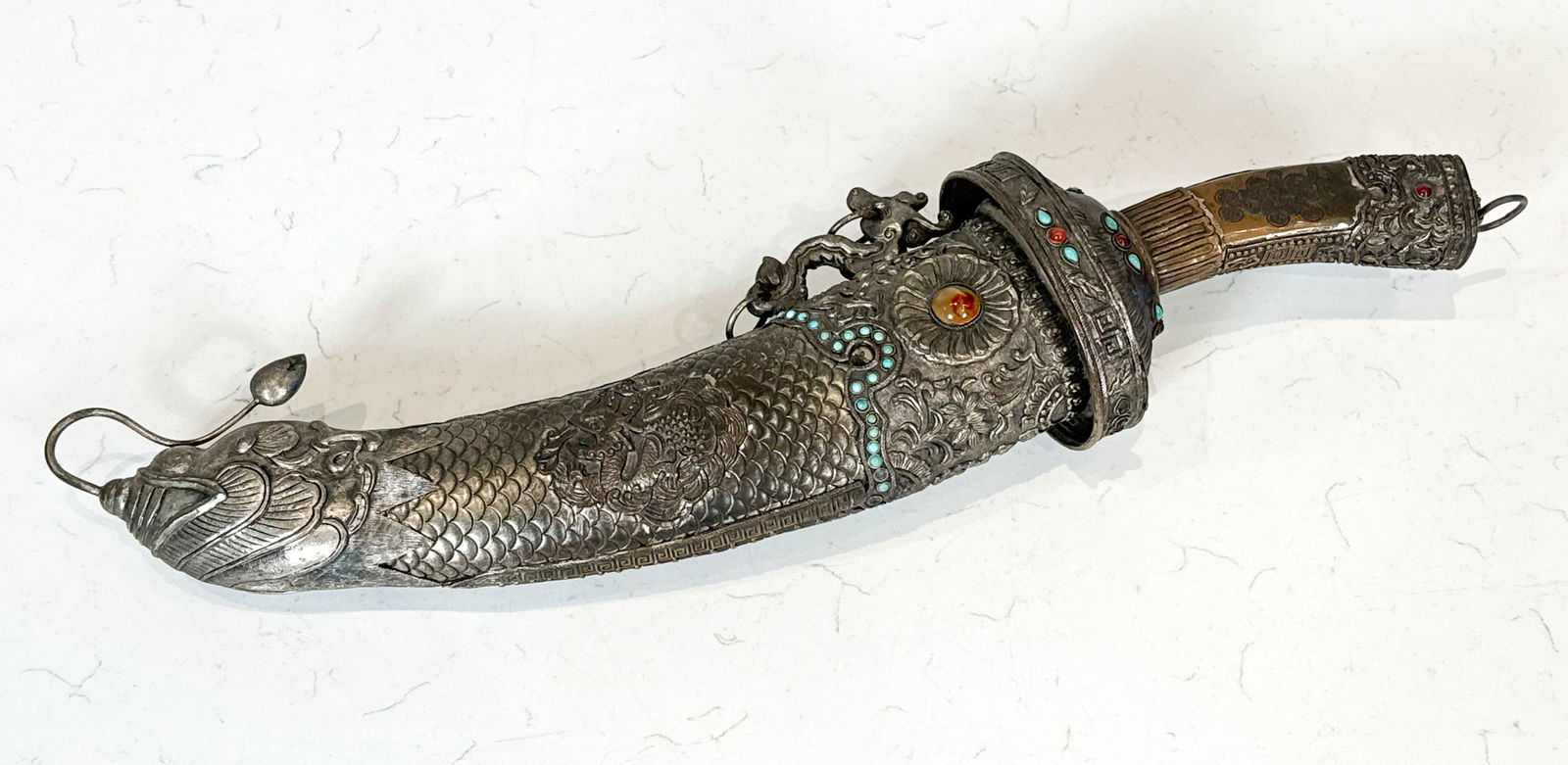 Mongolian Jeweled Silvered Bronze Dagger (1 of 5)