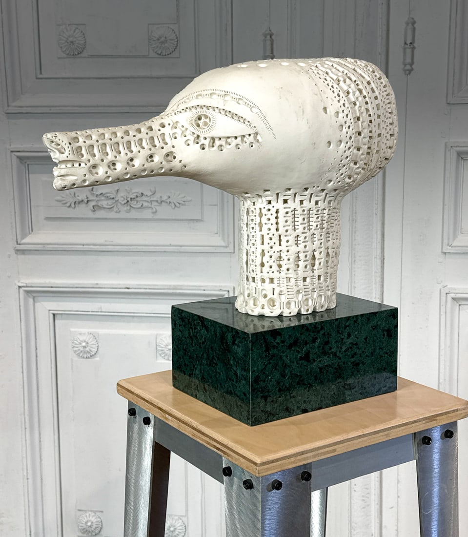 Alexander Ney, Russian, American, Born 1939: Alexander Ney, Russian, American, Born 1939, Beak Man, White Terracotta Sculpture, Signed Alney 79, 12 X 17 X 7 Inches On Green Marble Plinth And Custom Brushed Steel And Plywood Pedestal Overall Heig