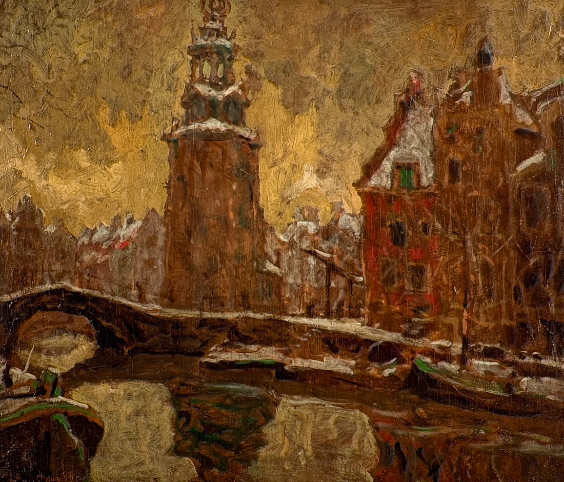 Attr Ben Viegers, Dutch, 1886-1947: Attributed To Ben Viegers, Dutch, 1886-1947, Canal View, Oil On Board, Illegibly Signed Lower Right, Ink C41 And R. M. Schippers Gallery, The Hague, Label Verso, 17 X 20 Inches, Later Giltwood Frame 2