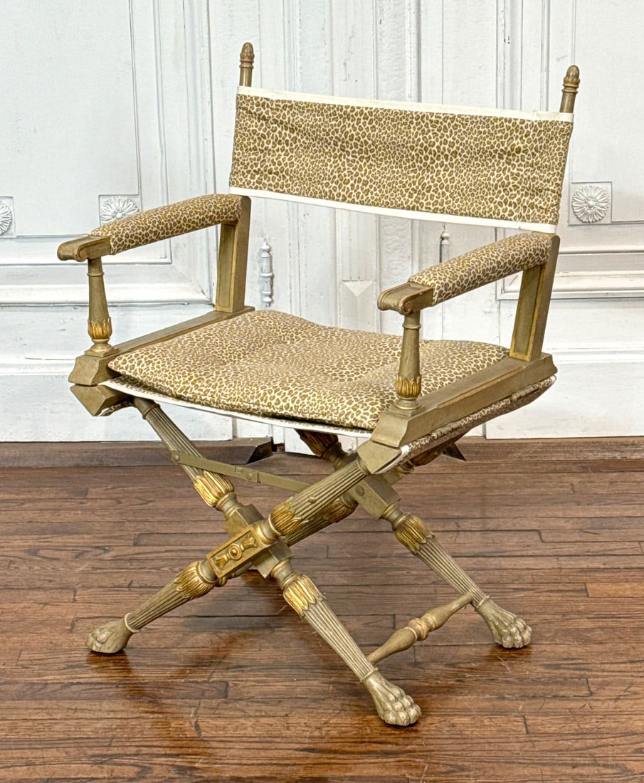 Empire Style Campaign Director Chair: Empire Style Campaign Director Chair, 20th Century, Sage And Gold Paint With Carved X Form Base, Animal Print Upholstery, Height 33, Width 23, Depth 18 Inches, Rubbed Paint Surface, Small Chips. See P