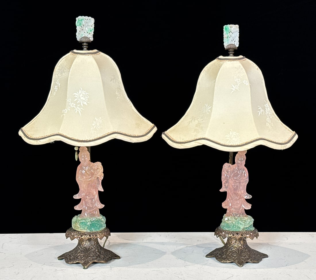 Chinese Rose Quartz Figure Boudoir Lamps (1 of 7)