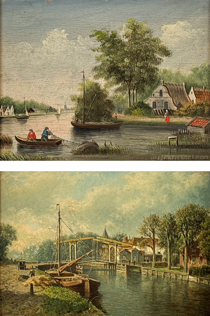 Pair Dutch Canal Scene Oil Paintings (1 of 6)