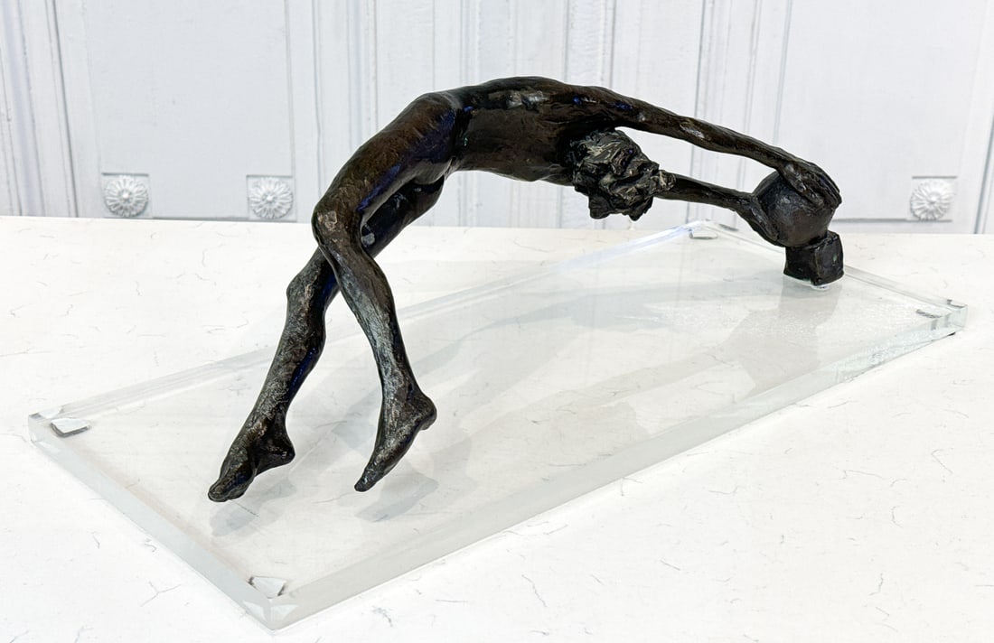 Victor Salmones, Mexican, 1937-1989: Victor Salmones, Mexican, 1937-1989, Nude Athlete Catching A Ball, Bronze, Signed And Edition Number 4/10 On Base, 7 X 22 X 8 Inches, Acrylic Plinth 24 X 10 Inches, Scratches To Plinth. See Photos.