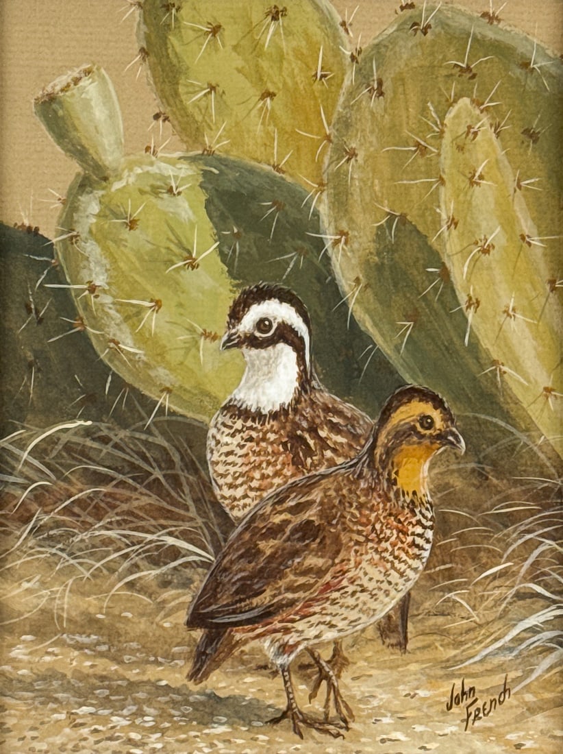 John French, Am., Texas, Born 1936: John French, American, Texas, Born 1936, Two Quail And Prickly Pear Cactus, 1973, Watercolor On Paper, Signed Lower Right, Signed And Dated Verso Dust Cover, Sight 10 X 7.5 Inches, Carved Wood Frame 1