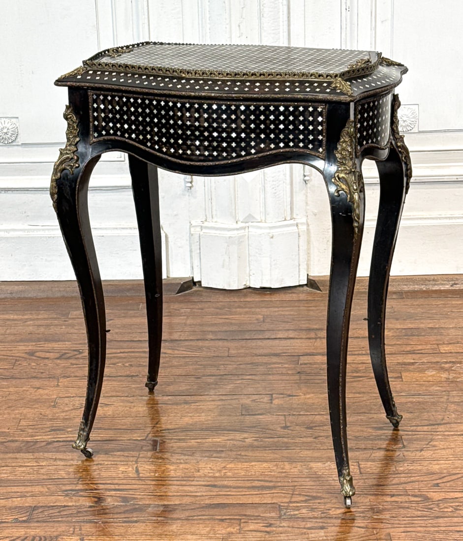 Inlaid Ebony Wine Or Tea Stand: Inlaid Ebony Wine Or Tea Stand, French, Early 20th Century, Louis XVI Style, Galleried Tray Top With Tin Lined Well Interior, Serpentine Apron, Cabriole Legs, Abalone And Brass Inlay With Gilt Bronze 