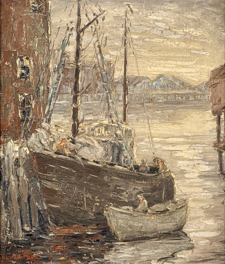 Grace Neville Carrothers, American, 1882-1961: Grace Neville Carrothers, American, 1882-1961, Boats Docked, Oil On Canvas, Signed Lower Left, John Hanna Galleries Detroit Label Verso, 16 X14 Inches, Giltwood Frame 22 X 20 X 1 Inches, Discolored Va