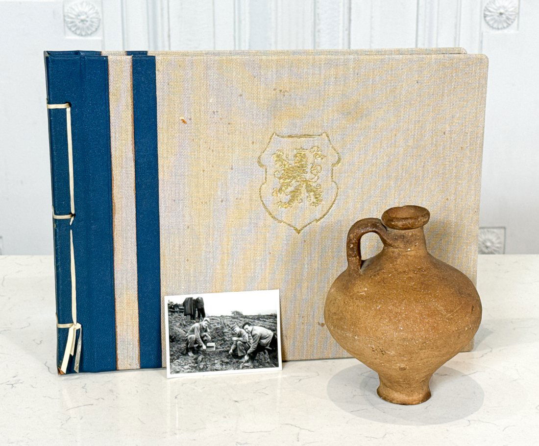 Roman Redware Flagon Wine Jug: Roman Redware Flagon Wine Jug, German, 2nd-3rd Century A. D., Ink Marked 100-150 A. D. Hiudelberg Underside, Together With A 1952 Scrapbook With Letters, Clippings And Photos About The Excavation Of A