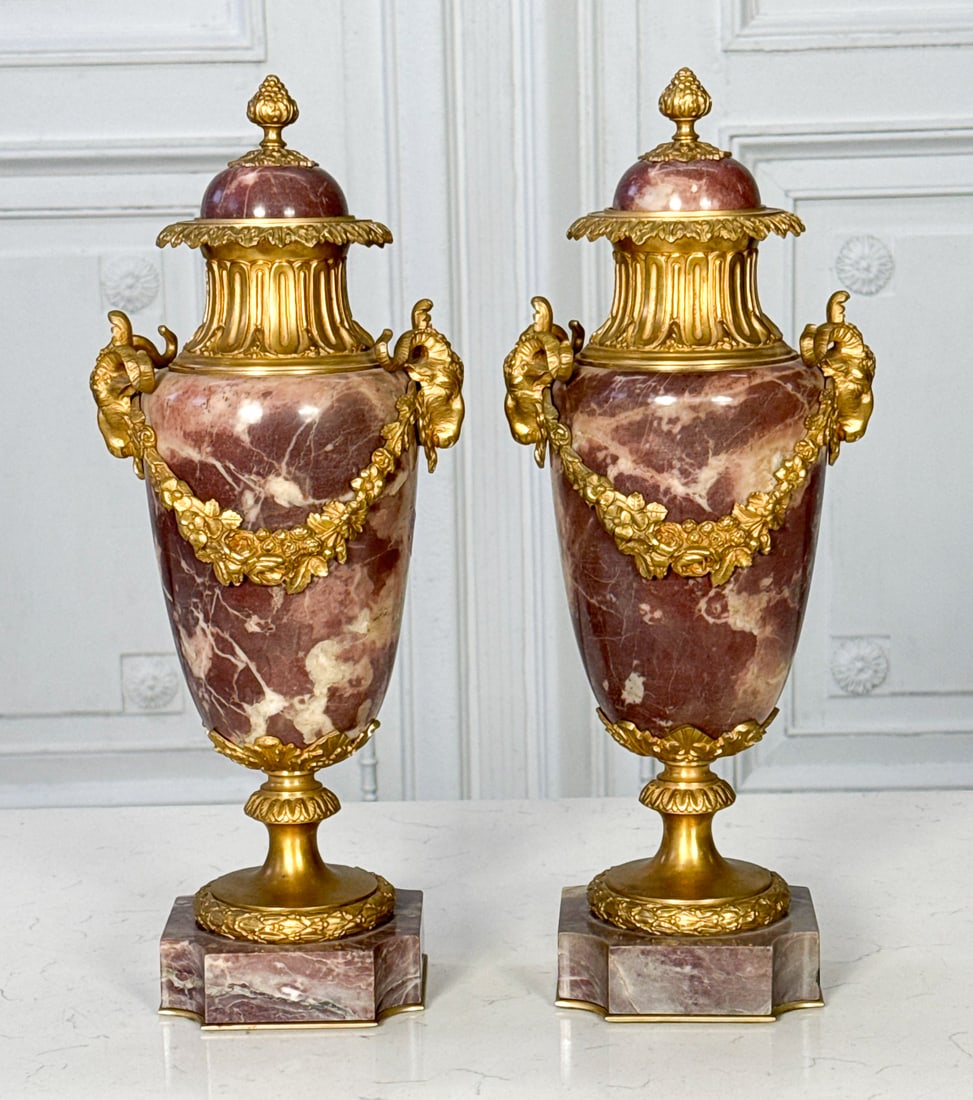 Pair Gilt Bronze Violette Marble Urns (1 of 5)