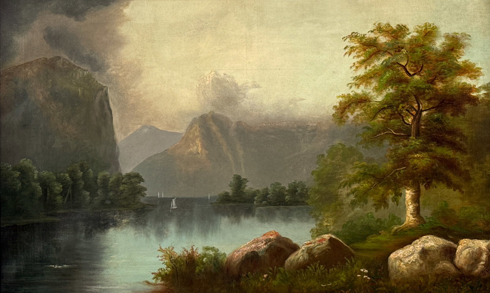 D. Waterhouse, American, 19th Century: D. Waterhouse, American, 19th Century, Mountain Landscape With Lake, Oil On Canvas, Initialed Dw Lower Right, Signed D Waterhouse On Stretcher Verso, 22 X 36 Inches, Associated Antique Giltwood Frame