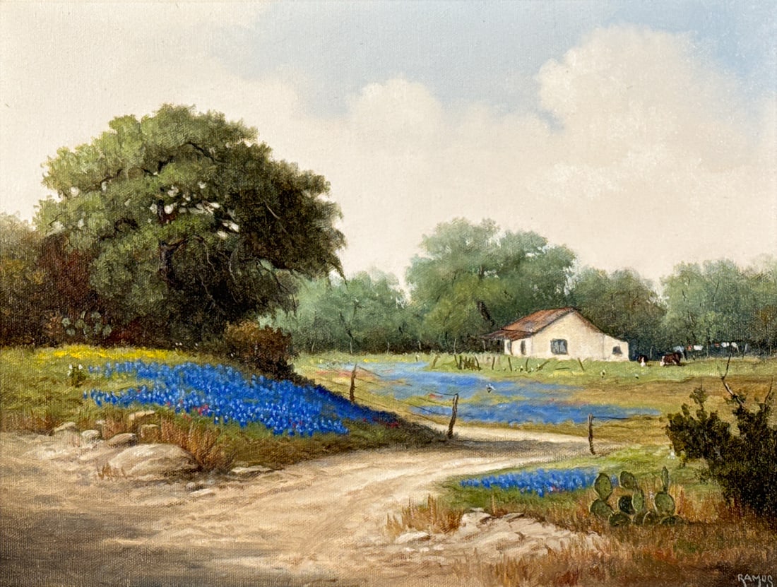 Jose Ramos, American, Texas, 1881-1972: Jose Ramos, American, Texas, 1881-1972, Bluebonnets, Prickly Pear Cactus And Farmhouse With Laundry Line, Oil On Canvas, Signed Lower Right, 12 X 16 Inches, Linen And Wood Frame, 17 X 21 X 1.5 Inches.