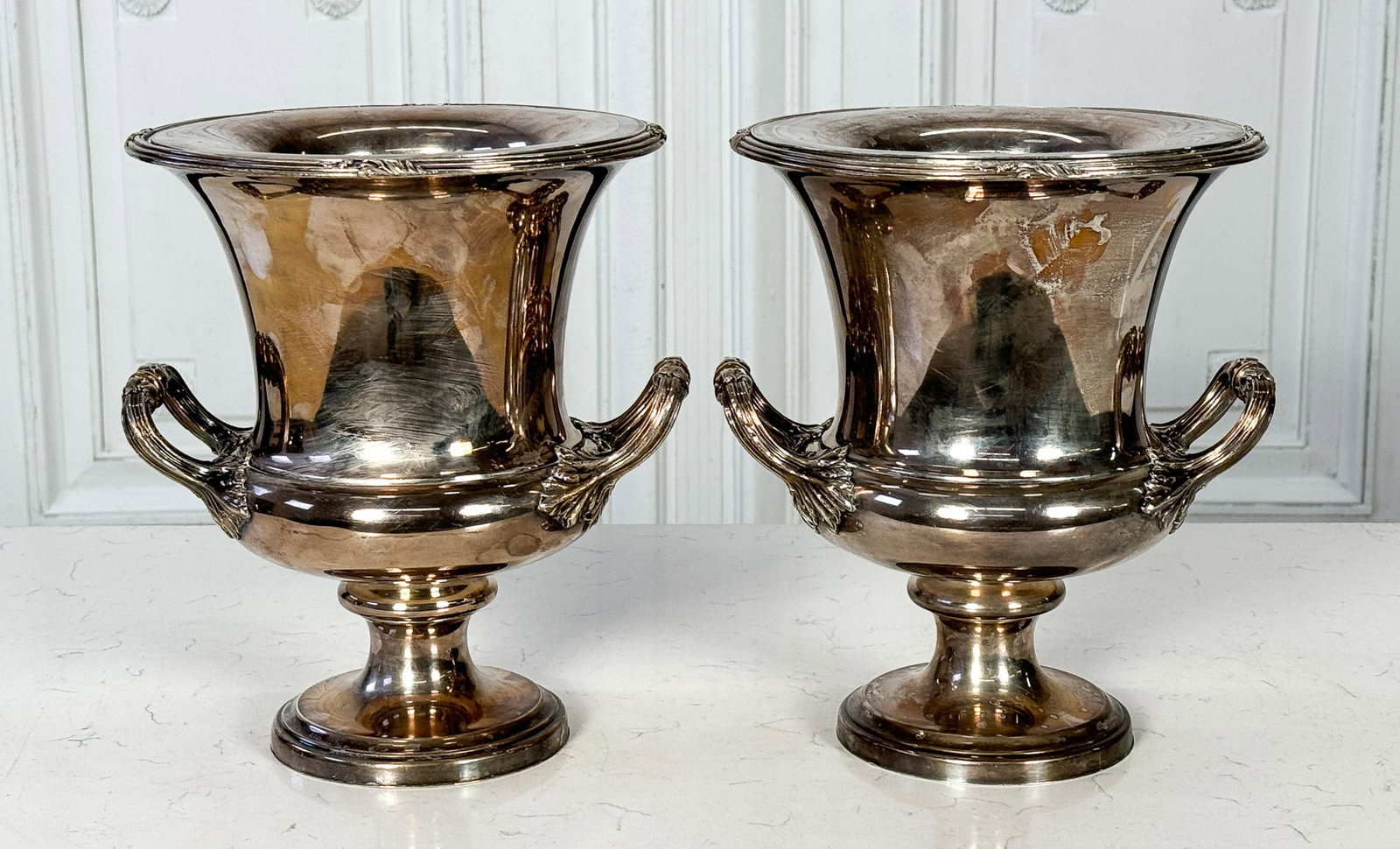 Pair Sheffield Silver Plate Wine Coolers: Pair Sheffield Silver Plate Wine Coolers, English, 20th Century, Wilkinson & Co. Each Stamped With Crossed Keys Mark And 1 Or 2 Underside, Campagna Form, Retaining Original 2-part Removable Liner, Hei