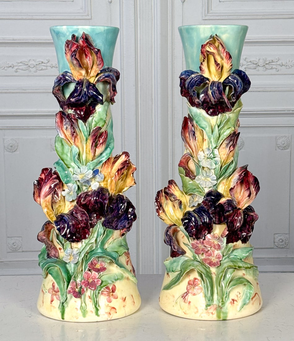 Pair Large Longchamps Faience Iris Vases (1 of 8)