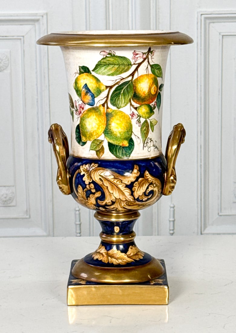 Batignani Majolica Urn: Batignani Majolica Urn, Italian, 20th Century, Signed On Body, Labeled And Numbered 7/100 Underside, Campagna Form And Lemon Decoration, Height 15, Diameter 9 Inches. See Photos For Condition.