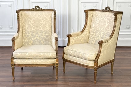 Pair Antique Louis XVI Bergere Armchairs