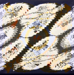 Hermes Pampa Silk Scarf, Framed: Hermes Pampa Silk Scarf, Design By Jean de Fougerolle, 1989, Blue Ground, 34.5 X 34.5 Inches, Under Glass In A Gilt Frame, 37.5 X 37.5 X 1.5 Inches, Not Examined Out Of Frame. View All Photos For Addi