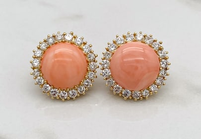 Coral, Diamond & 14k Yellow Gold Earrings