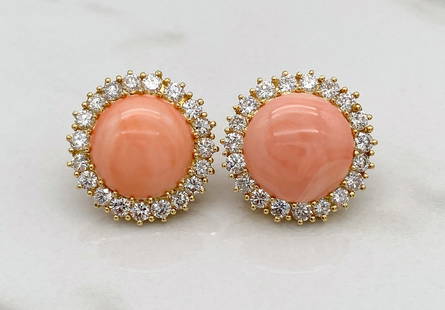 Coral, Diamond & 14k Yellow Gold Earrings: Pair Of Button Coral, Diamond & 14k Gold Earrings Having Approximately 3.00ctw Diamonds And Coral Cabochons 15.4mm-15.9mm; 11.3dwt. Overall Diameter Approximately 7/8 Inches. See Photos For Additional