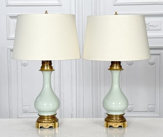 Pair Of French Gilt Bronze & Celadon Lamps