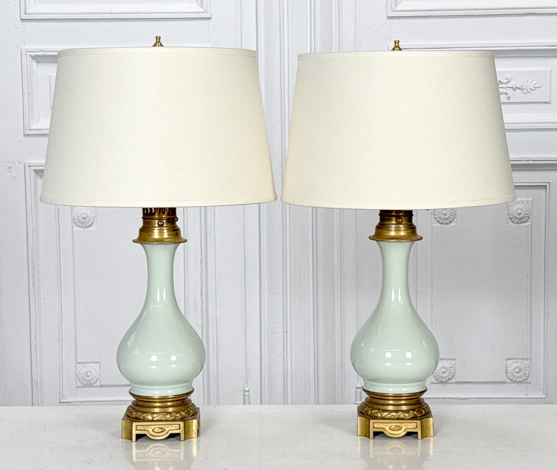 Pair Of French Gilt Bronze & Celadon Lamps (1 of 6)