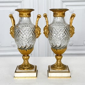 Pair French Crystal & Gilt Bronze Urns