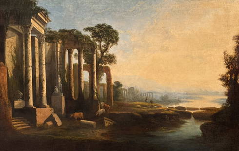 Large Old Master Roman Ruins Landscape Painting: Large Old Master Roman Ruins Landscape Painting, Perhaps English, 19th Century, Antique Acadian Ruins With Goat Herd In The Manner Of Pannini, Oil On Canvas, 36 X 55 Inches, Giltwood Frame 43 X 63 X 3