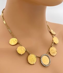 American And Mexican Gold Coin Diamond Necklace