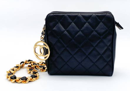 Chanel Classic CC Belt Bag: Chanel Classic CC Square Belt Bag Having 24k Gold Plated CC And Interior Zipper Fobs Indicating Pre-serialization, Probably 1980s, Marked Made In Italy. 6 X 6 X 2 Inches. A Removable Chain Belt With H