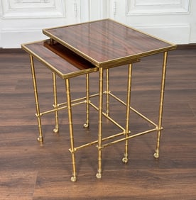 Two Exotic Wood And Brass Nesting Tables