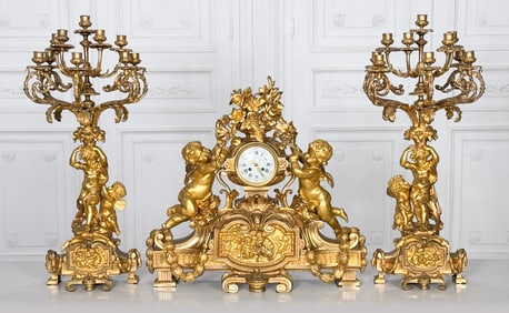 Monumental Gilt Bronze Clock Garniture Set