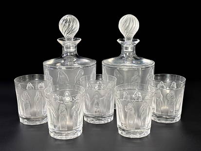 Lalique Crystal Femmes Whiskey Service: Lalique Crystal Femmes Whiskey Service, French, After 1945, Two Frosted Glass Decanters And Five Lowball Glasses With Intaglio Relief Classical Women, Marked Lalique France Underside, Decanters 10 X 6