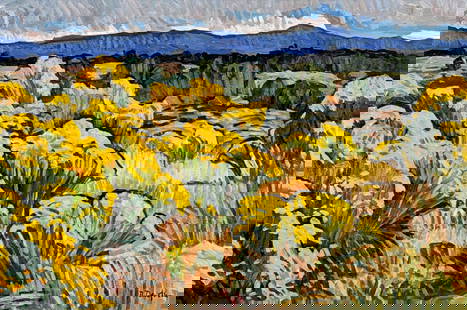 Robert Daughters, American, 1929-2013: Robert Daughters, American, 1929-2013, Chamisa Field, Landscape, Oil On Canvas, Signed Lower Right, Titled On Paper Label Verso, 24 X 36 Inches, Carved And Gilt Wood Frame, 32 X 44 X 3 Inches. Paint A
