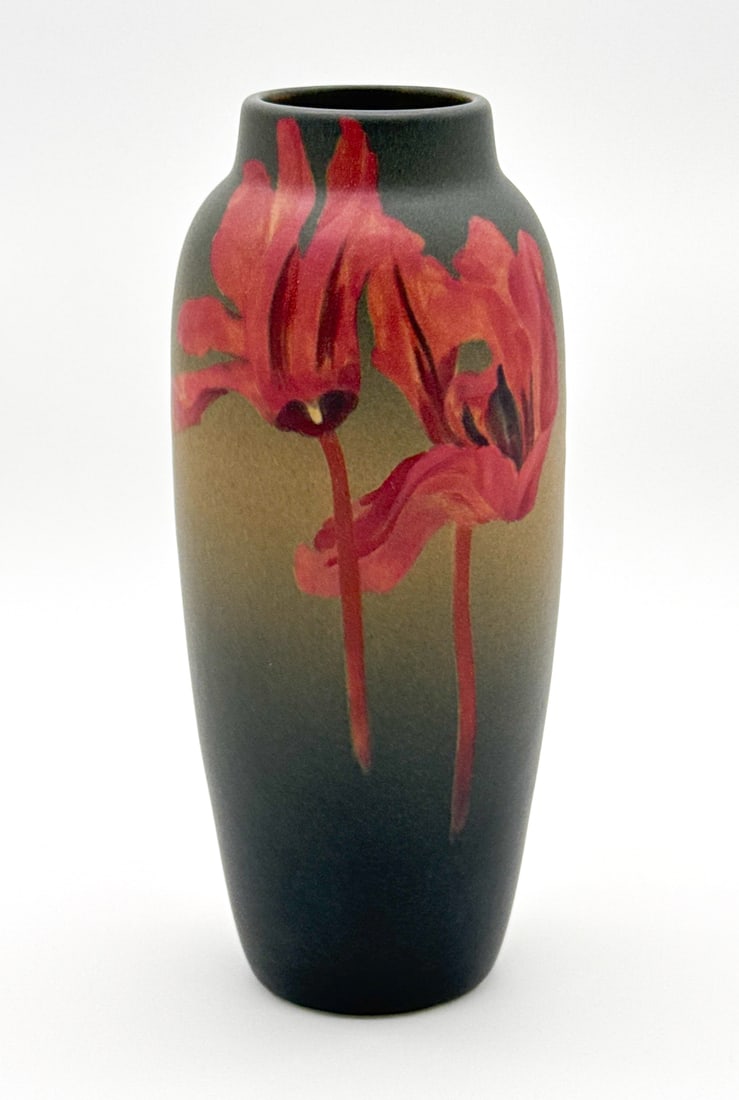 Harriet Wilcox Rookwood Cyclamen Pottery Vase: Harriet Wilcox Rookwood Cyclamen Pottery Vase, American, 1901, Matte Glaze With Flowers In Pink And Green On Earthenware Body, Underside Stamped With Flame Mark I-181ez-hew, Height 8.75 X Diameter 3.5