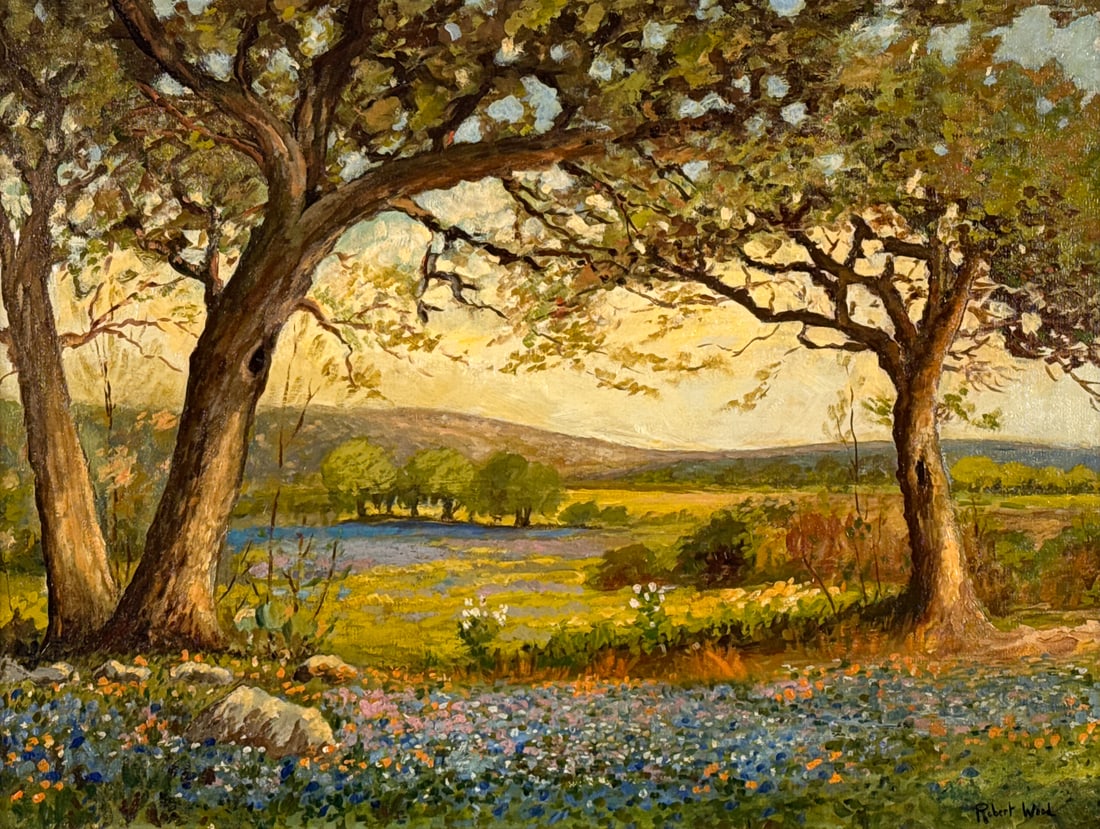 Robert W. Wood, British, Texas, 1889-1979: Robert W. Wood, British, Texas, 1889-1979, Hill Country Landscape With Wild Flowers, Bluebonnets And Wine Cups, Oil On Canvas, Signed Lower Right And Verso, 22 X 30 Inches, Later Giltwood Frame 29 X 3