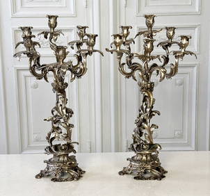 Pair Louis XV Style Silvered Bronze Candelabra (1 of 5)