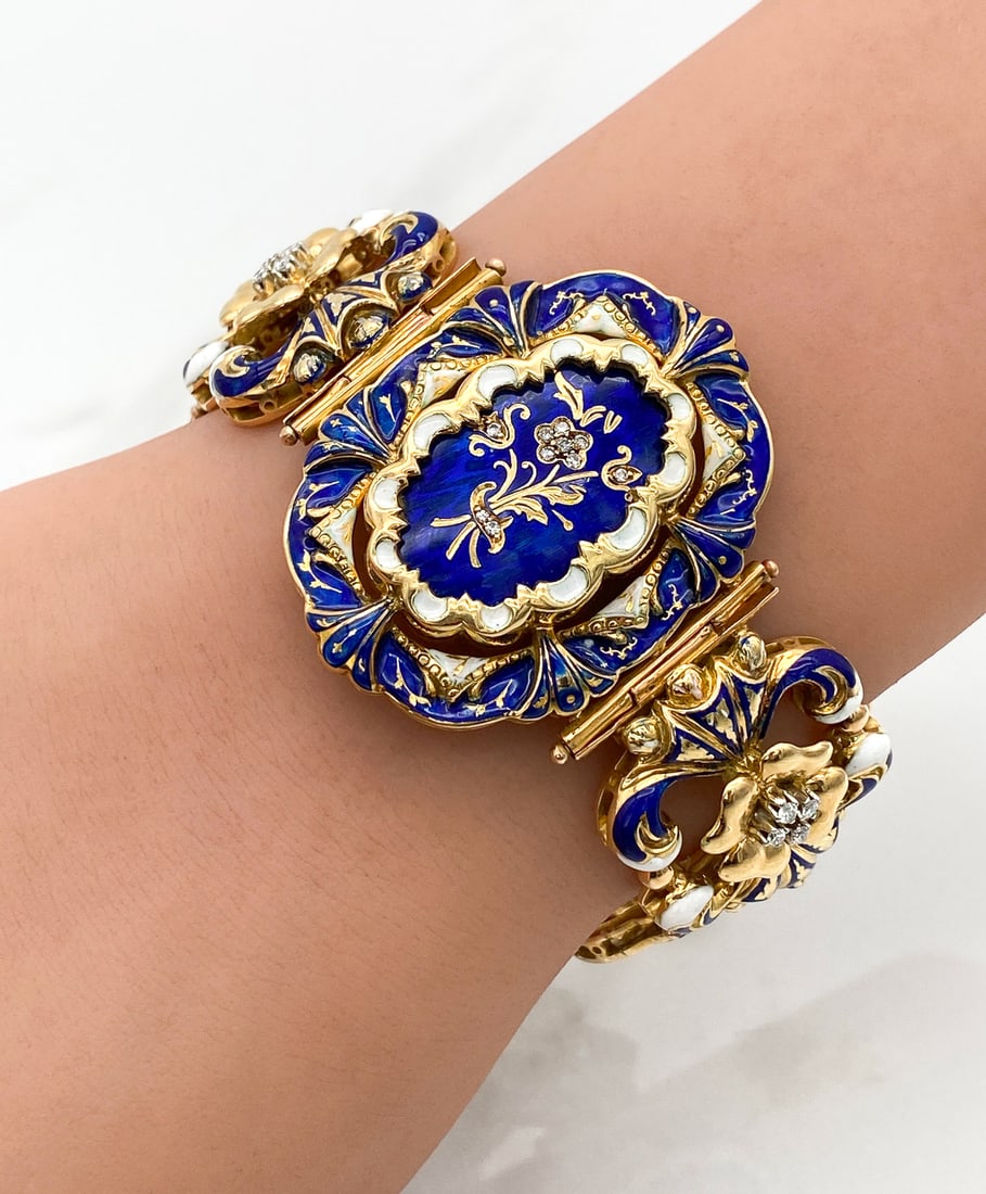 Vintage Enamel And Diamond 18k Estate Bracelet (1 of 9)