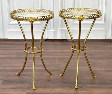 Pair Neoclassical Gueridon Side Tables: Pair Neoclassical Gueridon Side Tables, Each With Circular Top With Pierced Gilt Bronze Gallery With Lion Masques, White Glass Insert, Tubular Tripod Stand, Sabots, Height 32, Diameter 18 Inches. View