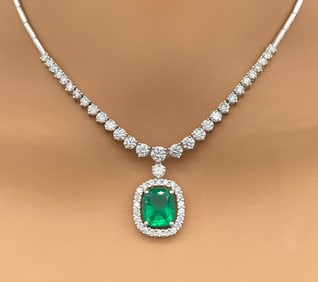 Emerald And Diamond Necklace, 18k White Gold