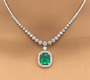 Emerald And Diamond Necklace, 18k White Gold: Emerald And Diamond Necklace, 18k White Gold, Approximately 3.5ctw Rectangular Cushion Cut Emerald Surrounded By 13ctw G-I, SI Round Brilliant Cut Diamonds Set In 18k White Gold. 16.5 Inches Long. Pen