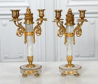 Pair Louis XVI Style Rock Crystal Candelabra