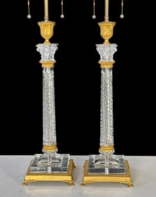 Pair Italian Gilt Bronze & Crystal Banquet Lamps