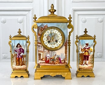 French Enamel & Gilt Bronze Clock Garniture