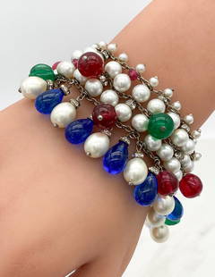 Rare Chanel Gripoix, Pearl Mughal Style Bracelet: Rare Chanel Gripoix Glass Mughal Style Bracelet With Faux Pearls, 6.25 X 1.5 Inches, Chain Shows Some Loss To Finish. View All Photos For Additional Condition Information.