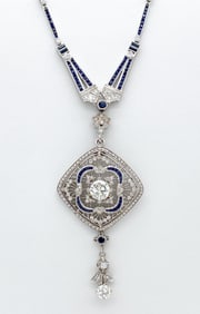 Diamond & Sapphire Art Deco Style Pendant Necklace