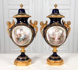 Pair Large Sevres Style Porcelain Urns