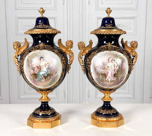 Pair Large Sevres Style Porcelain Urns (1 of 10)