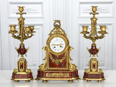 French Rouge Marble & Bronze Clock Garniture