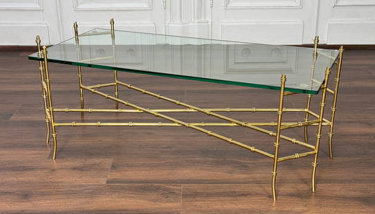 Brass Faux Bamboo And Glass Coffee Table: Brass Faux Bamboo And Thick Glass Coffee Table, Rectangular Glass Top On Canted Ladder Supports, X Stretchers, Overall 20 X 23 X 50 Inches, Table Height 18 Inches, Structurally Sound. See Photos For A