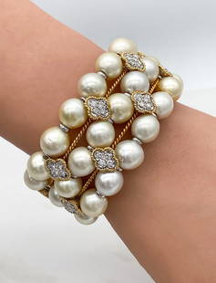 Pearl And Diamond Cuff Bracelet, 18k Gold: Three Row Cultured Pearl, Diamond & 18k Gold Cuff Bracelet, Having Approx 1.92ctw Diamonds, 74.7 Dwt. Measures 7 Inches, Open Back. See Photos For Additional Information. Secure Payment Required For J